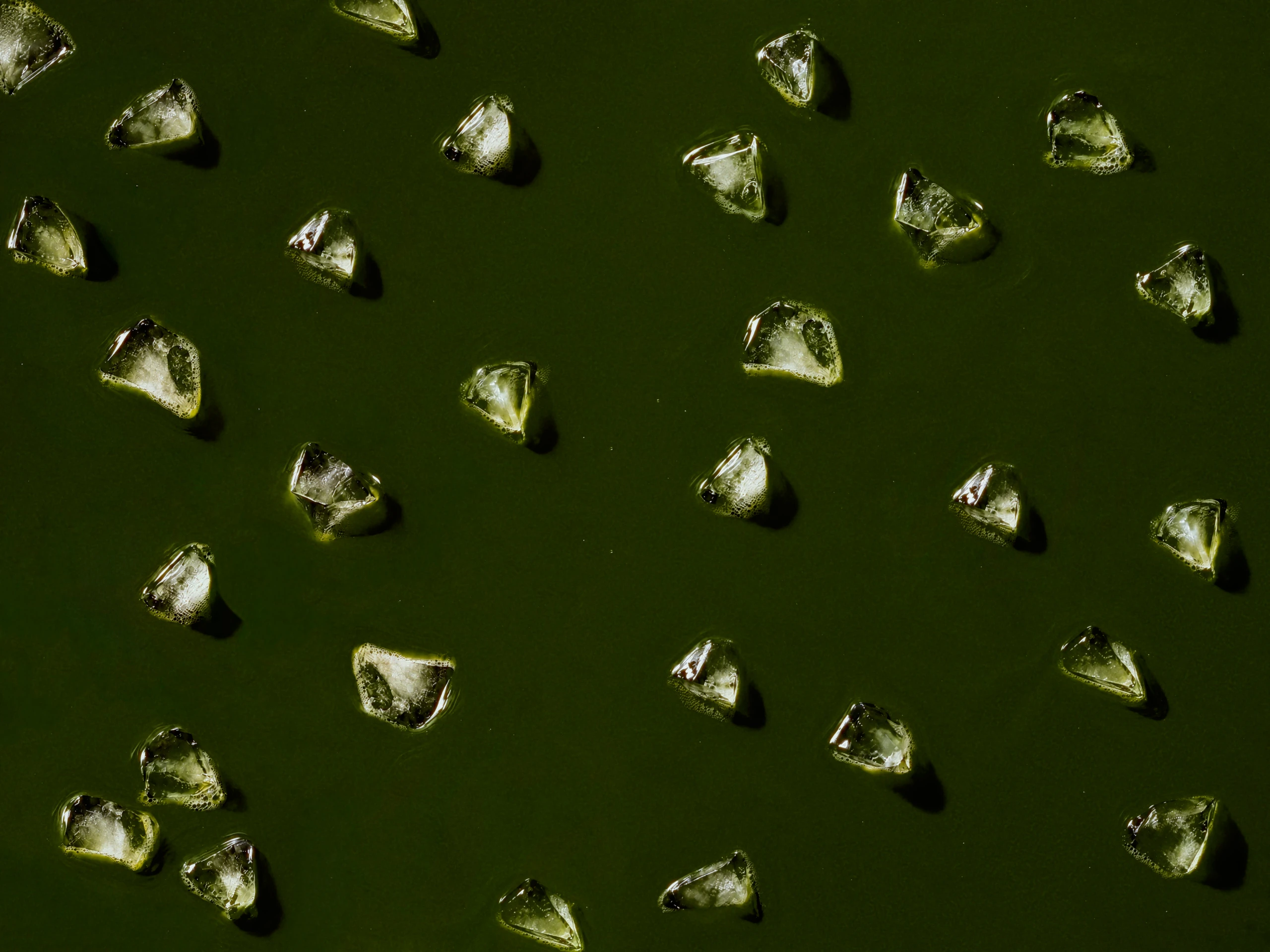 Ice scattered across a deep green matcha surface